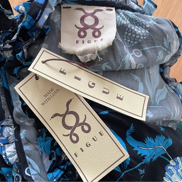 Figue Gabriella Floral-Print Paradise Batik Blue Viscose Tiered Dress NWT Size S - Picture 9 of 12